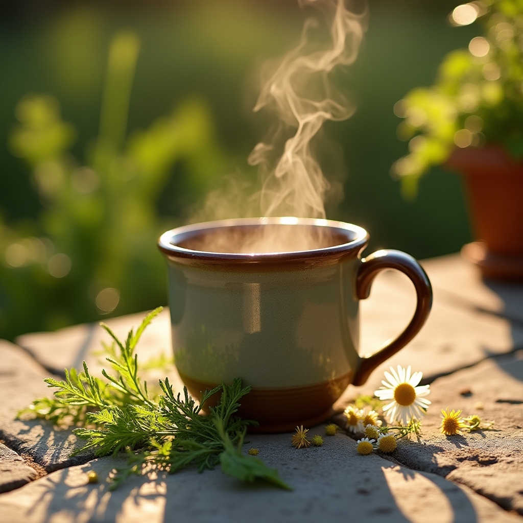 Infusion de plantes digestives dans une tasse en céramique