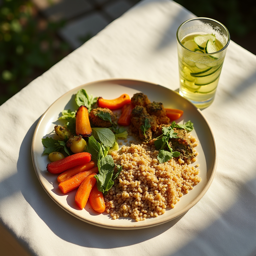 Repas équilibré avec légumes colorés et céréales complètes